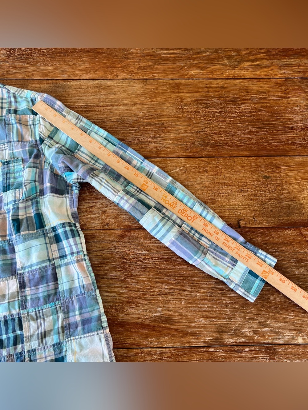 LL Bean Patchwork Madras Plaid Cotton Shirt Women’s Large Regular Blue Teal - Picture 10 of 14